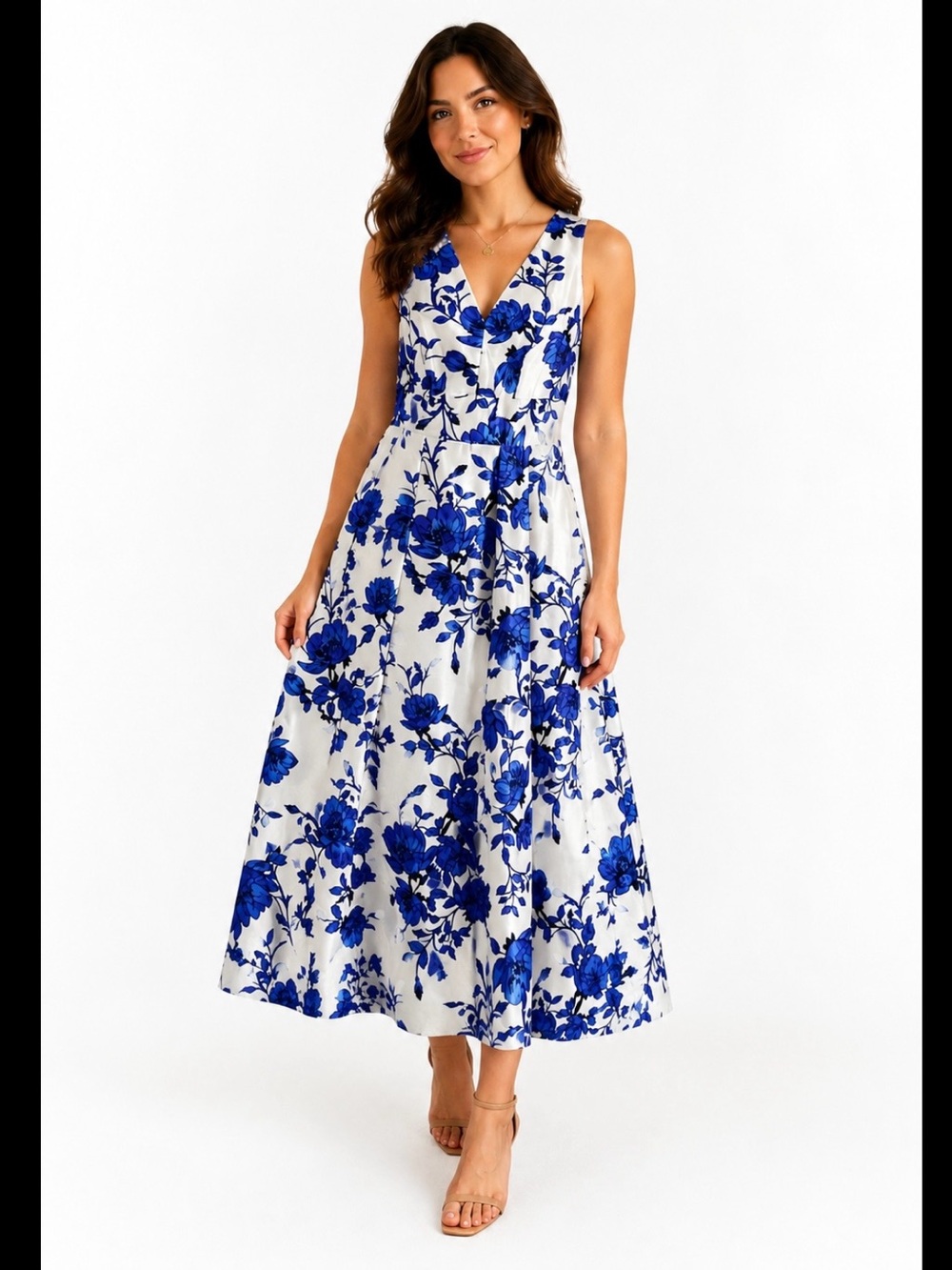 Melrose Sleeveless White with Cobalt Blue Floral Print Maxi Dress Size 12